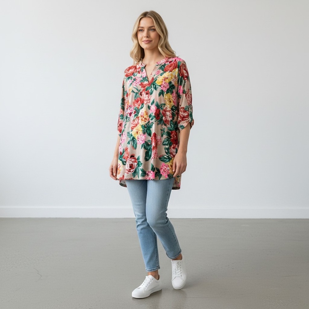 Dear Scarlett Floral Tunic Top XL Tan Pink Green Roll Tab Sleeve LIZ-C0256P NWT